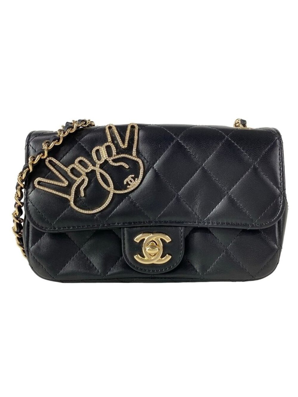 Chanel Shoulder Bag Mini Quilted Black Rhinestone Chain Gold Peace Sign Lambskin